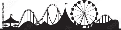 Black silhouette amusement park with roller coasters and ferris wheel