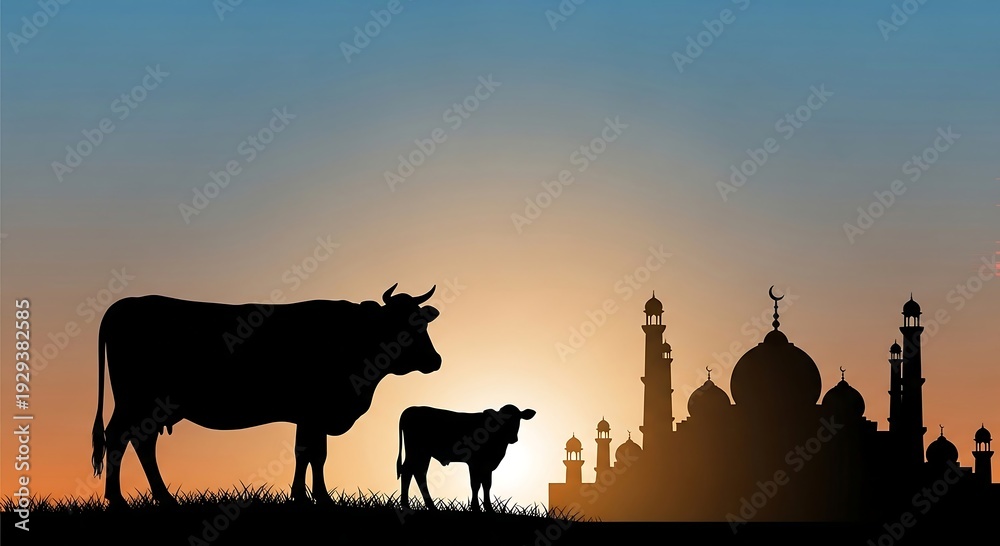Fototapeta premium Serene silhouette of cows and mosque at sunset