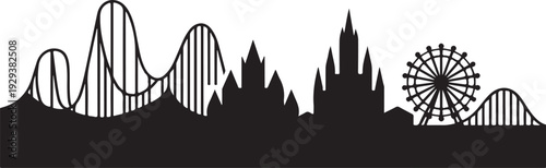 Black silhouette amusement park with rollercoaster and ferris wheel