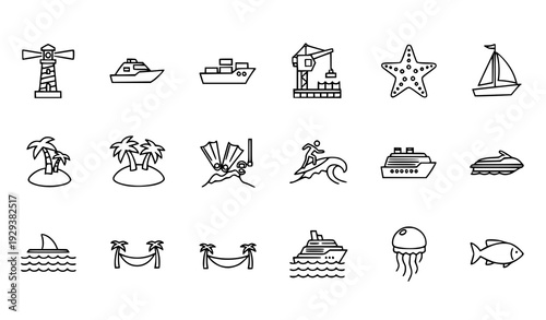 Thin Line Marine Travel and Ocean Adventure Icon Set with Lighthouse and Cruise Ship Outline Symbols