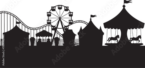 Black silhouette amusement park with rollercoaster and carousel