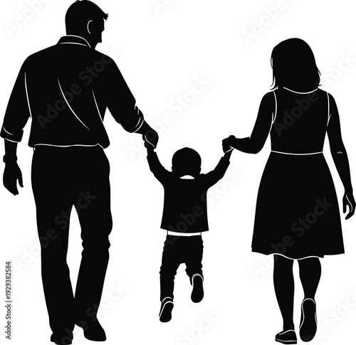 Family silhouette walking with child holding hands, 