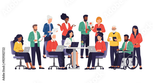 Diverse Business Team Collaboration Illustration: Inclusive Professionals Working Together in a Modern Office Environment