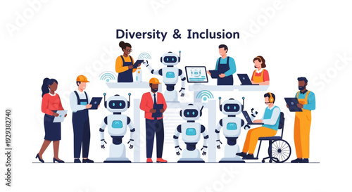Inclusive Future of Work: Diverse Team Collaborating with AI Robots in Modern Workplace