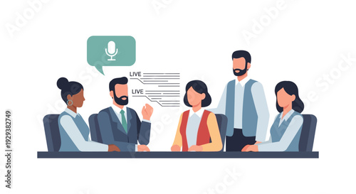 Business Team Live Discussion and Presentation with Microphone Icon in Flat Design Illustration