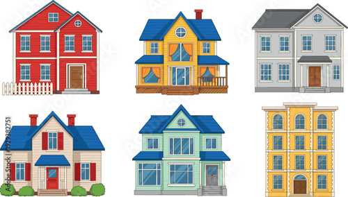 Colorful Residential House Collection Featuring Different Architectural Styles, Windows, Doors, and Roof Designs in Vector Illustration Set
