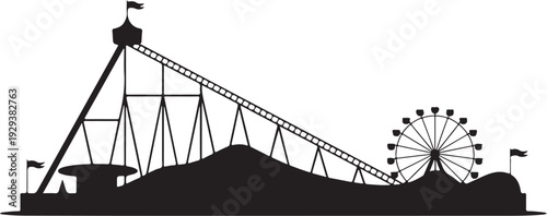 Black silhouette amusement park with rollercoaster and ferris wheel