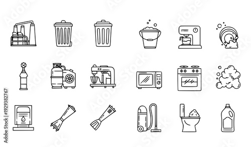 Minimal Outline Cleaning and Industrial Equipment Icons Collection for Kitchen and Sanitation