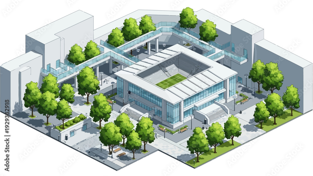 Obraz premium Modern Courtyard Building with Greenery and Skywalks - Isometric View