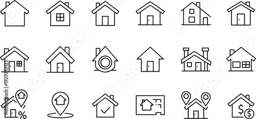 Real Estate Icon Set Featuring House, Property, Location, Plan, and Financial Symbols for Home Buying, Selling, and Investment