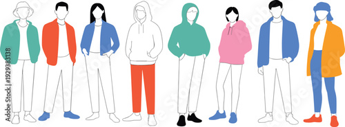 Flat vector illustration of diverse people wearing colorful hoodies and jackets, modern casual fashion characters isolated on light background, minimalist line art style