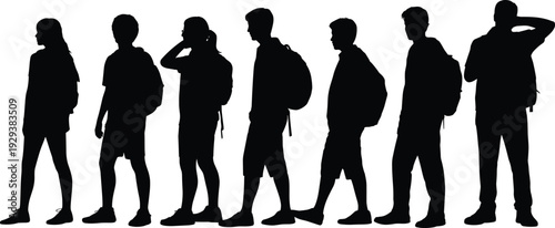 Students silhouette collection with backpacks, diverse teenagers standing in casual clothes, school and education concept, black vector illustration isolated on light background