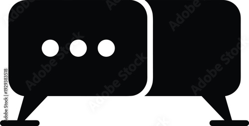 Black chat bubble icon with message dots isolated on white background, minimal speech dialog symbol vector illustration for app interface
