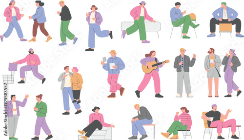 Trendy young people flat vector collection in casual outfits walking sitting playing guitar and talking, modern urban lifestyle characters isolated on light background