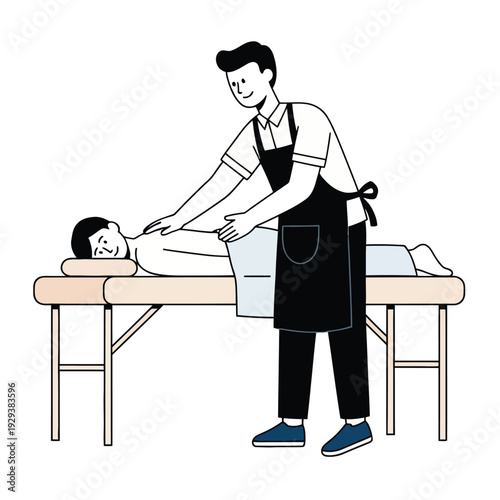Male massage therapist giving a back massage to a client lying on a massage table, professional wellness treatment, vector illustration