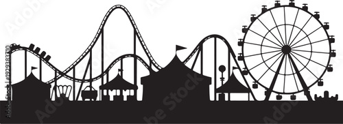 Black silhouette amusement park with rollercoaster and ferris wheel