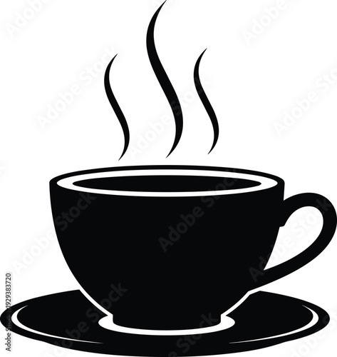 Black silhouette coffee cup icon with steam, hot beverage symbol isolated on white background, minimal vector illustration for cafe branding design logo