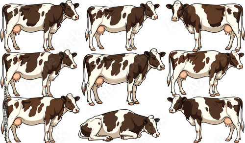 Cartoon illustration of nine dairy cows with brown and white patches arranged in grid pattern, farm animal artwork for education, agriculture, and creative design projects