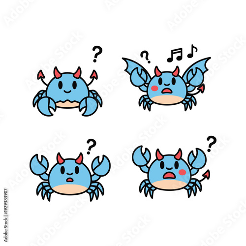 Cartoon blue crabs with different emotions and question marks on white background