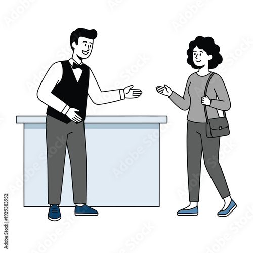Male employee in uniform greeting a female customer at a reception desk, welcome, hospitality, service industry, vector illustration
