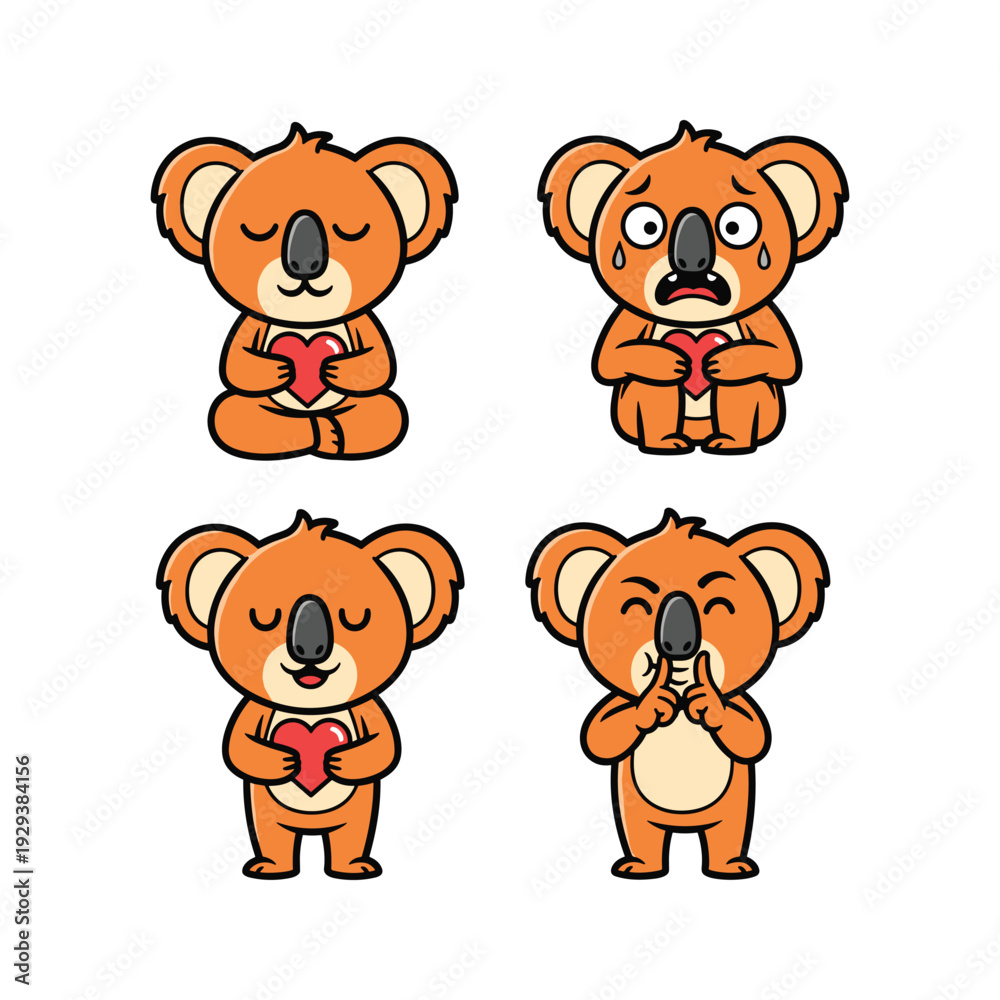 Obraz premium Koala cartoon characters showing emotions with hearts in a set