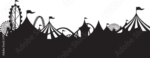 Black silhouette carnival landscape with rides and tents