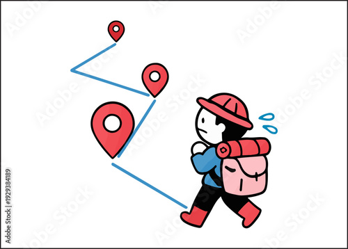 Cute Hiker with Backpack Following GPS Map Route Illustration