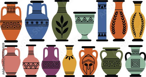 Collection of fifteen stylized ancient Greek vases with geometric patterns, floral motifs, symbolic imagery, colorful pottery designs, classical art inspiration, and archaeological decorative illust
