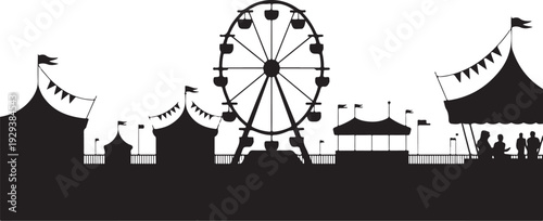 Black silhouette carnival scene with ferris wheel and tents