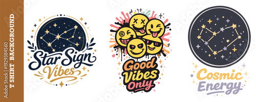 Colorful and creative t shirt design collection featuring astrology and positive vibes themes with star signs and cheerful emojis