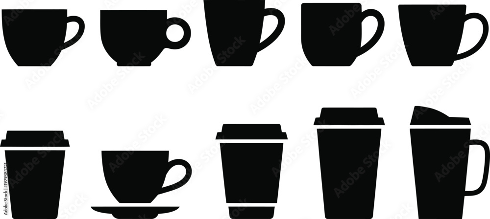 custom made wallpaper toronto digitalBlack solid icons set featuring various coffee mugs tea cups espresso cups and large takeaway coffee cups with lids and handles