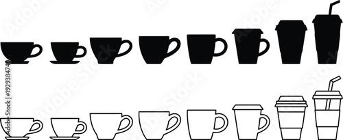 Black and white beverage container icons set featuring coffee cups mugs tea cups takeaway cups and soda cups with straws in solid and outline styles