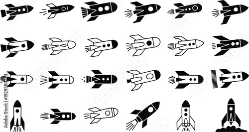 Large collection of rocket ship icons featuring various spacecraft designs launching flying and standing in black solid and outline styles