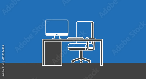 Modern Office Desk with Computer and Chair.