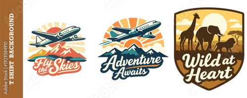 Colorful vintage travel and adventure logo designs featuring airplanes mountains and wildlife scenes isolated on transparent background perfect for t shirts posters and branding