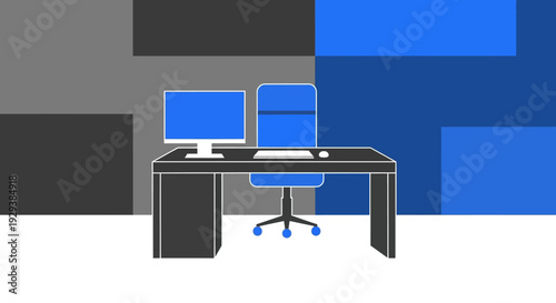 Modern Office Desk with Computer and Chair.