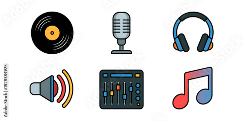 A collection of musical icons including sound equipment and musical notes isolated on transparent background