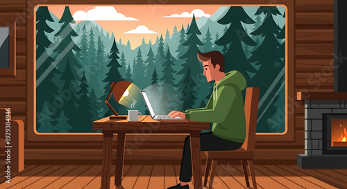 Young man working remotely on a laptop from a cozy cabin with a stunning mountain forest view, embodying productive work-from-home in nature