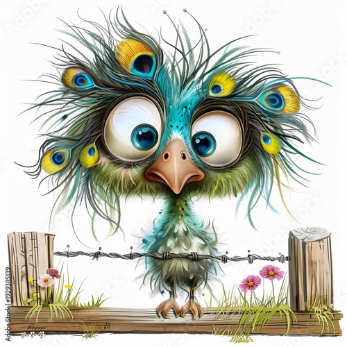 Wallpaper Mural Cute Cartoon Bird with Blue Eyes and Feathers on a Wooden Fence Torontodigital.ca