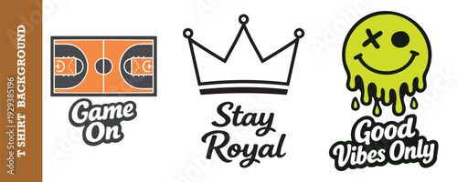 Creative collection of motivational and fun tshirt background designs featuring basketball court game on crown and smiley face graphics