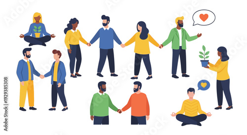Diverse Community Engaged in Teamwork, Well-being & Social Responsibility Activities: Connection, Mindfulness & Environmental Care Flat Design