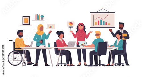 Diverse Business Team Meeting: Inclusive Professionals Collaborating, Discussing Data & Strategy. Modern Office Teamwork Illustration.