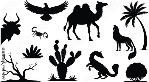 Black silhouette illustration of desert animals and plants including camel, eagle, scorpion, lizard, cactus, and trees representing ecosystem