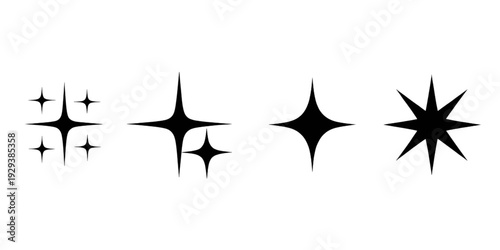 A sequence of four different star shapes with increasing complexity and number of points. isolated on transparent background