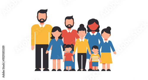 Large Diverse Multigenerational Family Group Flat Design Illustration