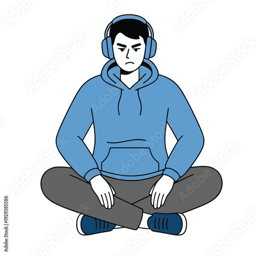 Young man with headphones sitting cross-legged, listening to music with a sad or serious expression, vector illustration