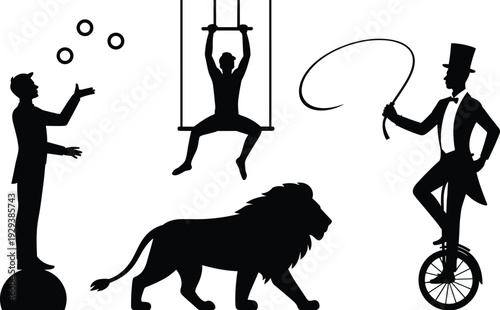 Circus Performers Silhouette Set with Lion, Juggler, Trapeze Artist and Ringmaster on Unicycle Vector Illustration