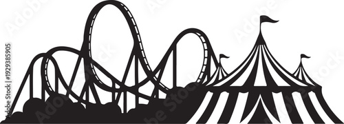 Black silhouette of a roller coaster and striped circus tent