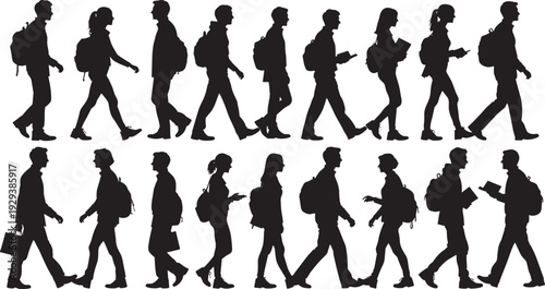 Black silhouette illustrations of people walking, carrying backpacks, handbags, books, mobile phones, diverse group, commuters, students, daily routine, urban lifestyle