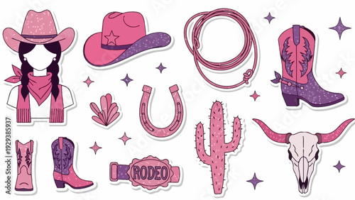 Cowgirl Rodeo Elements: Pink Cowboy Hats, Boots, Lasso, Cactus, Skull